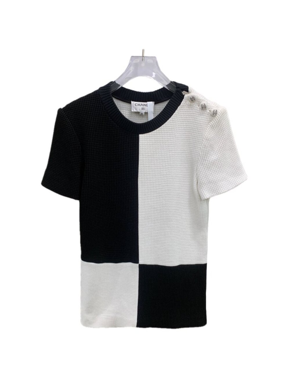 Chanel 21C Black & White Color-Block Cotton Button Detail T-Shirt